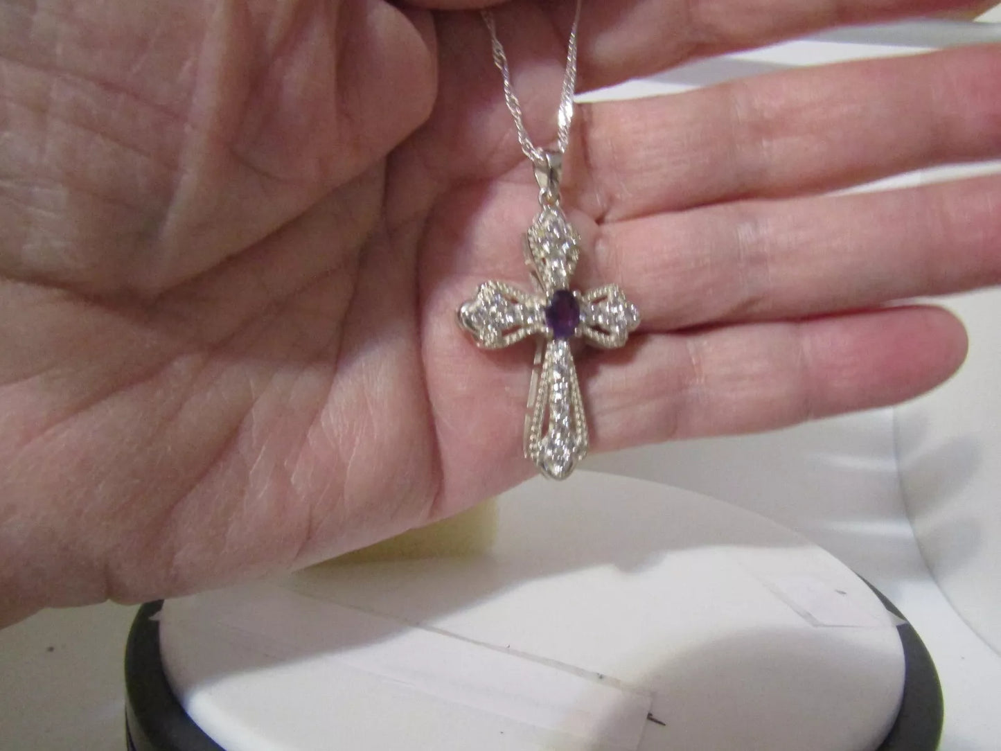 2.4 ct cross purple amethyst-topaz lab created topaz paved silver pendant