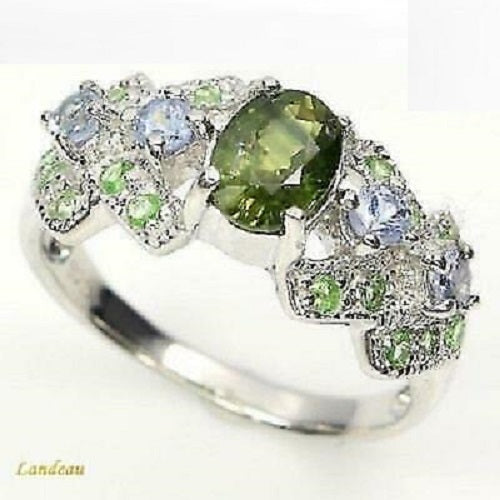 2.5 ct natural gems 5 stones emeralds gold on s. silver ring (7.75)