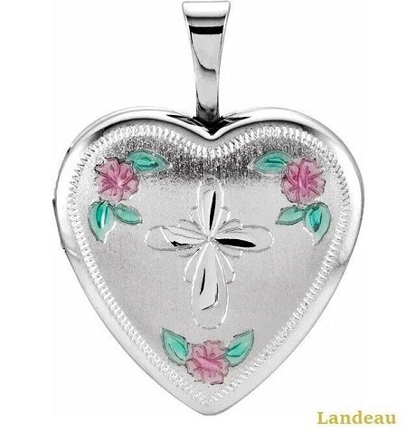sterling silver tri-color cross & roses locket and necklace