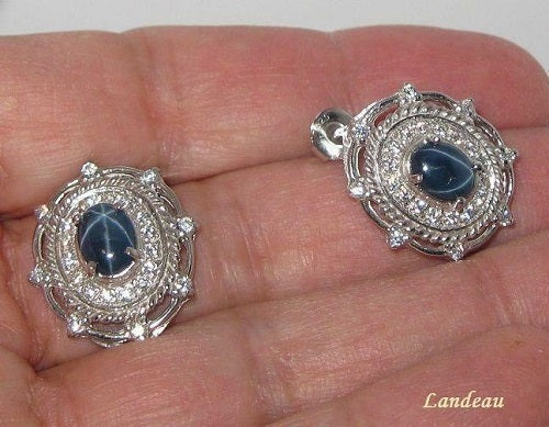 4.6 ct natural gems 6 rays star sapphire gold on s. silver earrings v