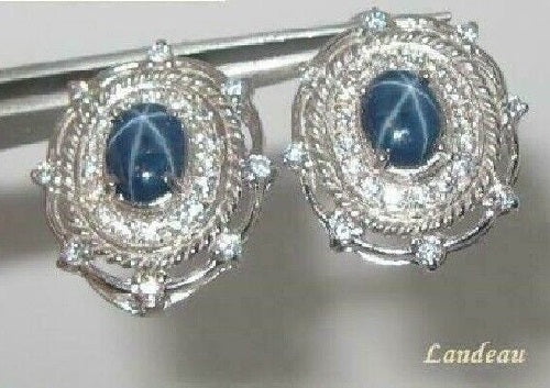 4.6 ct natural gems 6 rays star sapphire gold on s. silver earrings