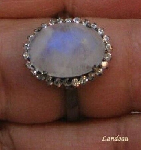 8.7 ct natural gem fire blue moonstone rhodium on sterling silver ring (8.5)