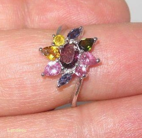 1.92 ct natural gems multi-color tourmaline gold on s. silver ring (6) v