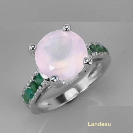 8.5 ct natural gems ROSE QUARTZ & EMERALDS SILVER RING (8.5)