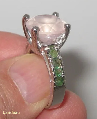8.5 ct natural gems ROSE QUARTZ & EMERALDS SILVER RING (8.5) v