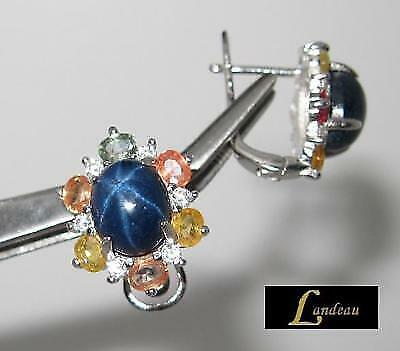 8 ct natural gems 6 rays deep blue star gold on s. silver earrings