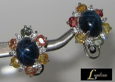 8 ct natural gems 6 rays deep blue star gold on s. silver earrings v
