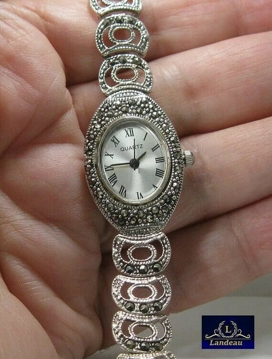 natural gems marcasite dial mop watch gold on sterling silver watch 7 in