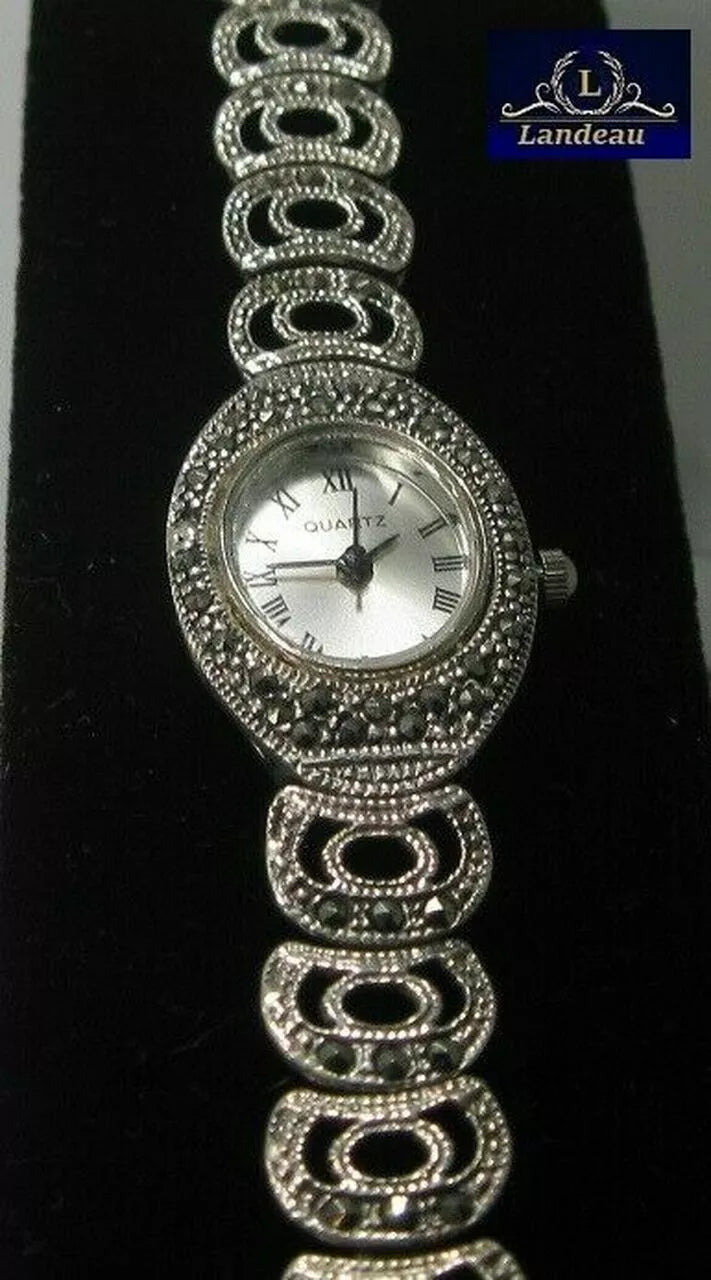 natural gems marcasite dial mop watch gold on sterling silver watch 7 in