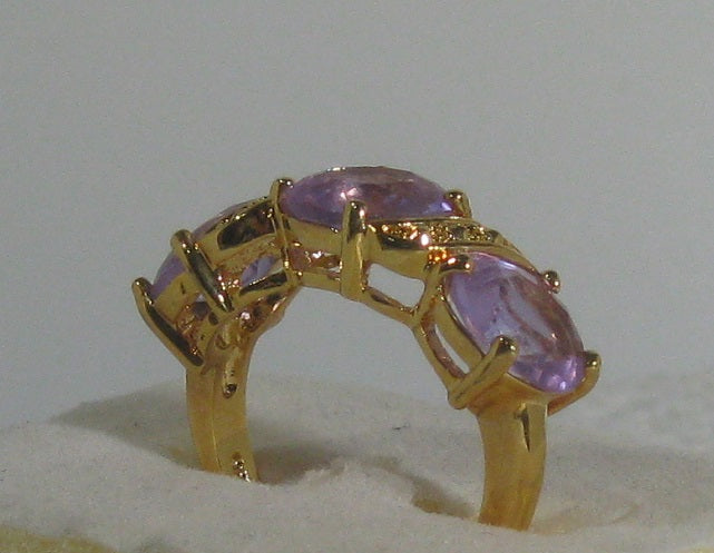 Lab Created 9 ct 3 Stones Amethyst Oval Cut YG on S Silver Ring 7