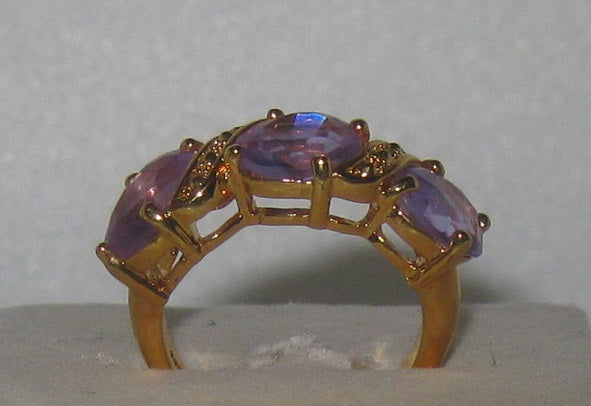 Lab Created 9 ct 3 Stones Amethyst Oval Cut YG on S Silver Ring 7