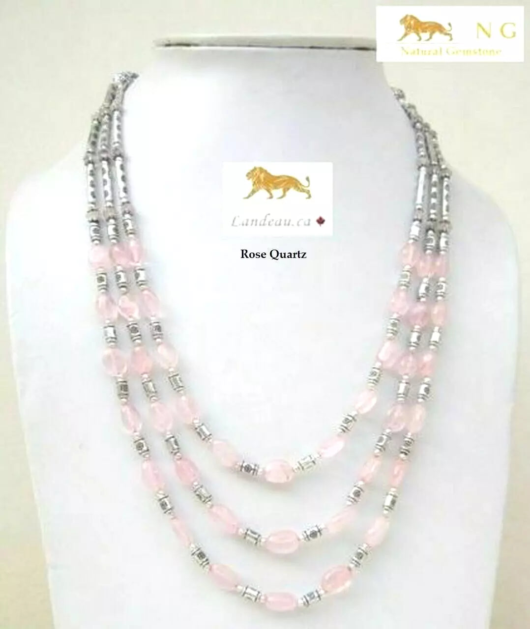 natural gems attractive Rose Quartz 3 strands sterling silver necklaces