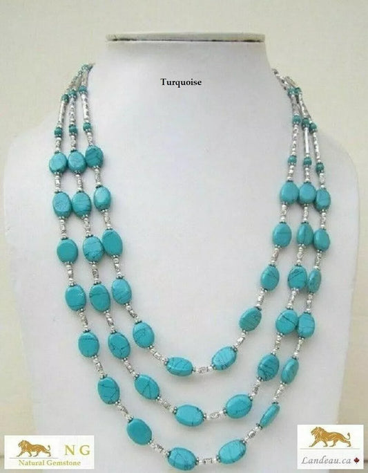natural gems attractive 3 strands Turquise sterling silver necklaces