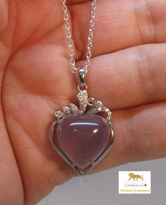 11.6 ct natural gem heart chalcedony gold on s. silver pendant & necklace