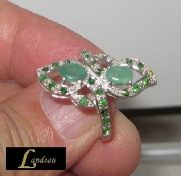 3.6 ct natural gems unique emerald garnet gold on s silver ring (7.5 -7.75)