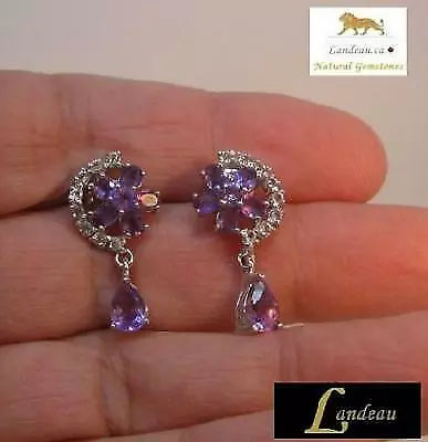 6.8 ct natural gems purple amethyst with sapphire g on s. silver earrings