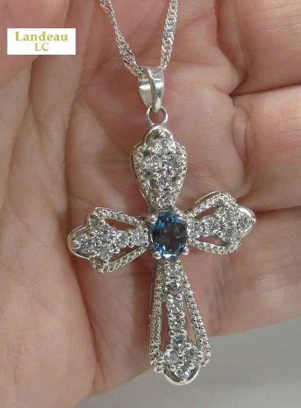 2.4 ct cross london blue lab created topaz paved silver pendant