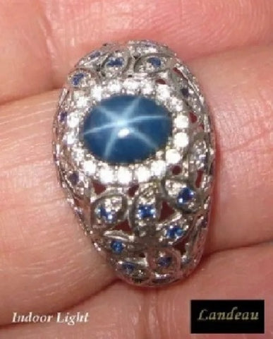 2.44 ct natural gems star sapphire & accents gold on s. silver ring (7.25)