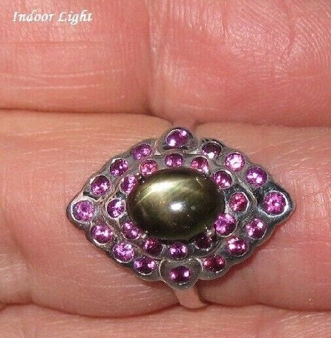 6.2 ct. natural gems black star sapphire & garnet gold on s. silver ring (7.25)