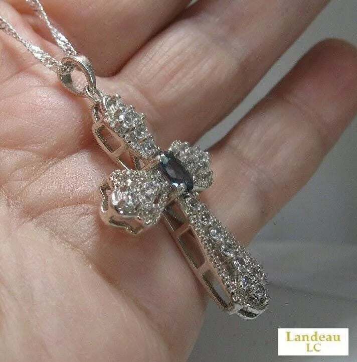 2.4 ct cross london blue lab created topaz paved silver pendant