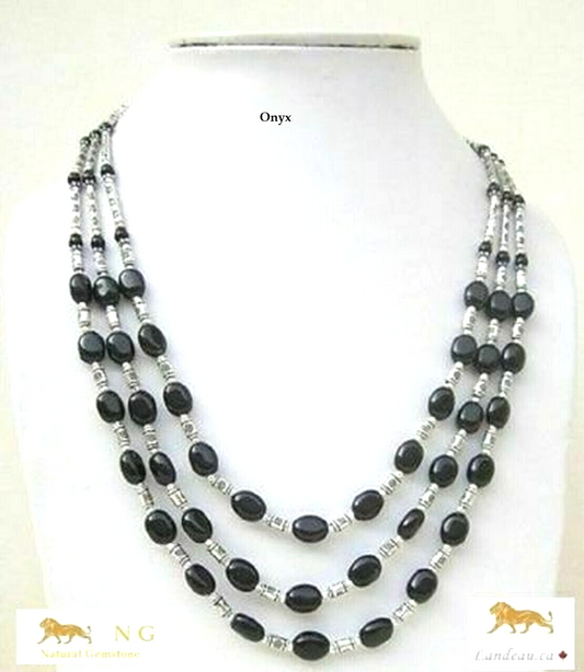 natural gems attractive Onyxgemstone 3 strands sterling silver necklaces