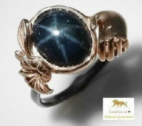 3.25 ct natural gem 6 ray star sapphire Y gold-radium s. silver ring (7.75)